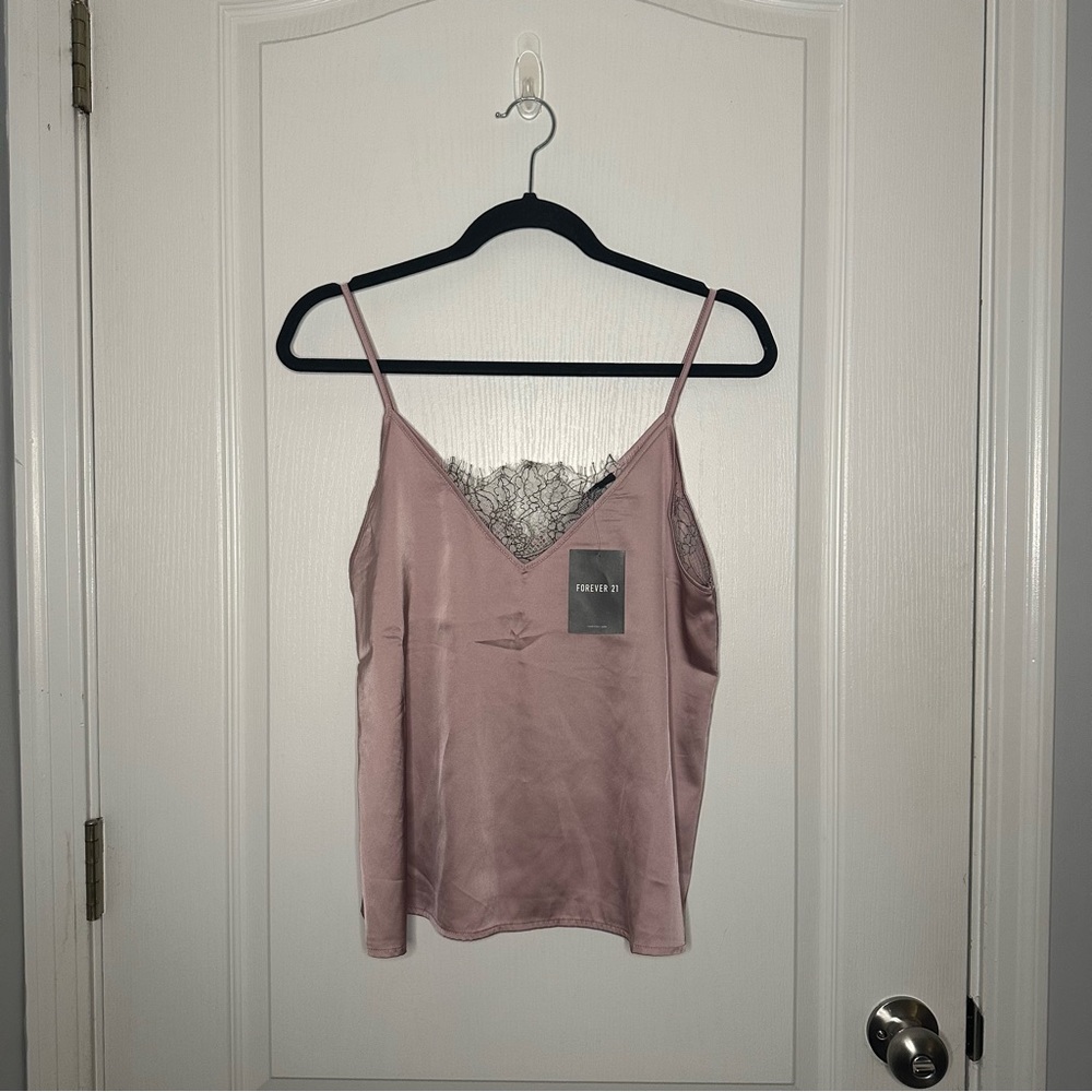 NWT! Silky Cami Tank Top Pink Lace Detail